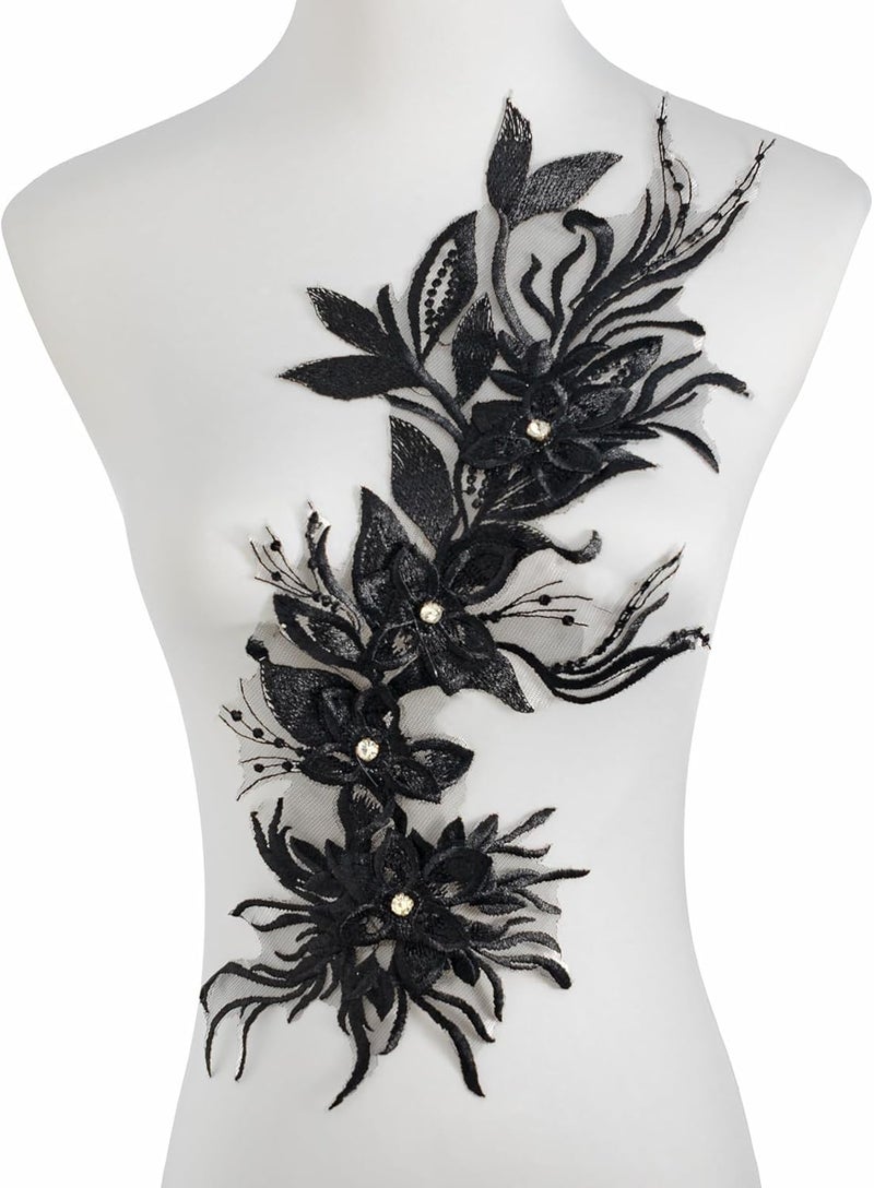 Silvora Phoenix Peacock Feather Tail Fabric Beaded Lace Applique,3D Embroidered Flower Fabric Patch for Bridal Dress, Handmade Sewing Tool for Wedding DIY Crafts(Black) - Image 1